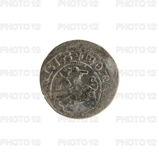 Lithuanian half-grosz, Sigismund I the Old (King of Poland; 1506–1548). Obverse: Pogon (Lithuanian coat of arms) turned left; in the rim between pearl borders an inscription: + MON, DI:13:. Reverse: Polish crowned eagle; in the rim between pearl borders an inscription: MAGNI:DVCIS:LI. Dated 1513. Coin of the Grand Duchy of Lithuania (Vilnius), Poland.