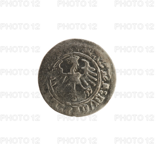 Lithuanian half-grosz, Sigismund I the Old (King of Poland; 1506–1548). Silver coin (half-grosz), 1513. Obverse: Pogon (Lithuanian coat of arms) turned left; rim between pearl borders with inscription '+ MON, DI:13:'. Reverse: crowned Polish eagle; rim between pearl borders with inscription 'MAGNI:DVCIS:LI'. From the Grand Duchy of Lithuania, struck in Vilnius.