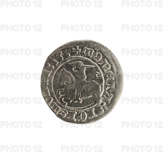 Lithuanian half-grosz, Sigismund I the Old (King of Poland; 1506–1548). Obverse: Pogon (mounted knight) turned left; in rim between pearly borders an inscription: + MONETA:SIGISMV:I:13:. Reverse: Polish crowned Eagle; in rim between pearly borders an inscription: + MAGNI:DVCIS:LITVANIE:. Dated 1513. Grand Duchy of Lithuania (Vilnius). Coin.