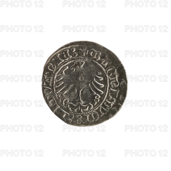 Lithuanian half-grosz, Sigismund I the Old (King of Poland; 1506–1548). Obverse: Pogon (Lithuanian coat of arms) turned left; rim between pearly borders inscribed + MONETA:SIGISMV, I:13:. Reverse: crowned Polish Eagle; rim between pearly borders inscribed + MAGNI:DVCIS:LITVANIE:. 1513. Silver coin of the Grand Duchy of Lithuania (Vilnius).