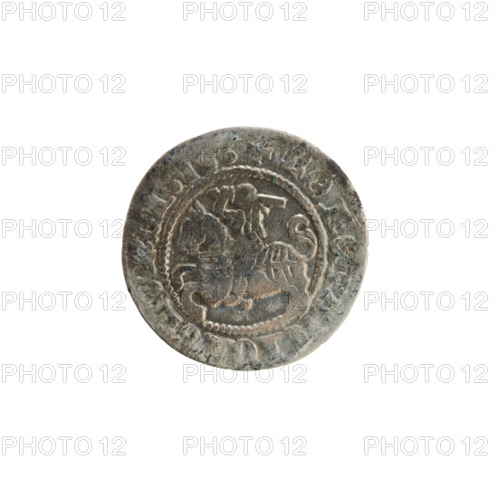 Lithuanian half-grosz, Sigismund I the Old (King of Poland; 1506–1548). Silver coin (half-grosz), 1513. Obverse: Pogon (Lithuanian coat of arms) turned left; rim inscription between pearl borders: + COIN:, IGISMV, DI, 13:. Reverse: Polish crowned eagle; rim inscription between pearl borders: + MAG, DVCIS:LITVANIE, 1513. Grand Duchy of Lithuania; Vilnius; Polish–Lithuanian iconography; Jagiellon dynasty.