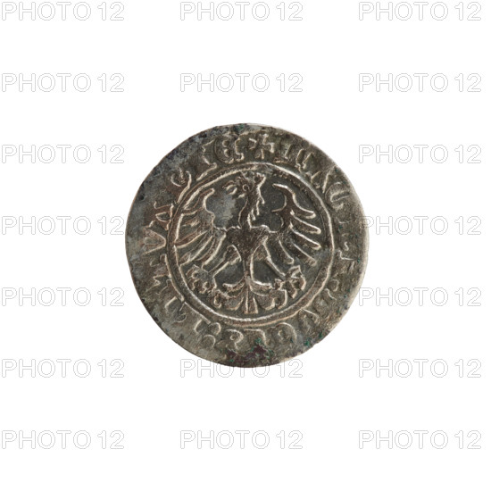 Lithuanian half-grosz, Sigismund I the Old (King of Poland; 1506–1548). Obverse: Pogon (Lithuanian coat of arms) turned left; in the rim between pearl borders an inscription: + COIN:, IGISMV, DI, 13:. Reverse: Crowned Polish Eagle; in the rim between pearl borders an inscription: + MAG, DVCIS:LITVANIE, 1513. Silver coin, Grand Duchy of Lithuania, Vilnius; features Jagiellon dynasty heraldry.