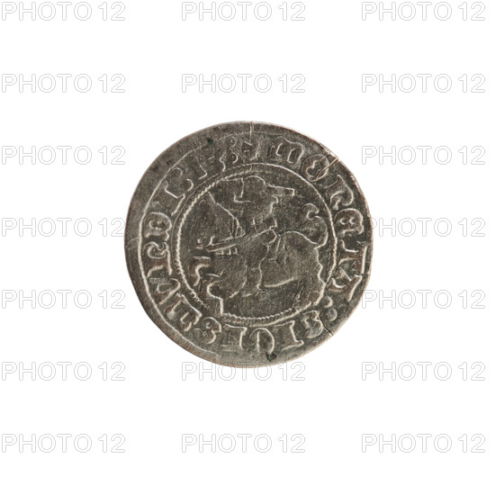 Lithuanian half-grosz, Sigismund I the Old (King of Poland; 1506–1548). Obverse: Pogon (Lithuanian coat of arms) turned left; rim inscription between pearl borders: + COIN:SIGISMVNDI:13:. Reverse: crowned Polish eagle; rim inscription between pearl borders: + MAGNI:DVCIS:LITVANIE:. Dated 1513. Grand Duchy of Lithuania (Vilnius). Features coats of arms (Eagle, Pogon) and Jagiellon dynasty iconography. Made of silver as a coin.