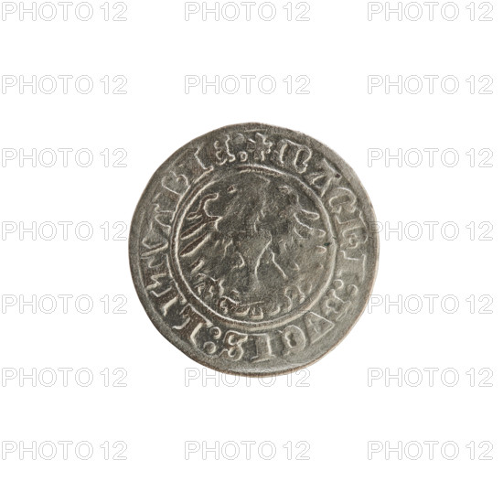 Lithuanian half-grosz, Sigismund I the Old (King of Poland; 1506–1548). Obverse: Pogon (Lithuanian coat of arms) turned left; rim inscription between pearl borders: + COIN:SIGISMVNDI:13:. Reverse: crowned Polish Eagle; rim inscription between pearl borders: + MAGNI:DVCIS:LITVANIE:. Dated 1513. Grand Duchy of Lithuania (Vilnius). Polish coin.