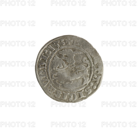 Lithuanian half-grosz, Sigismund I the Old (King of Poland; 1506–1548), 1513. Silver coin (half-grosz). Obverse: Pogon (Lithuanian coat of arms) turned left; in the rim between pearl borders an inscription: + TA:SIGISMVNDI:13:. Reverse: Polish crowned eagle; in the rim between pearl borders an inscription: + MAG, I:DVCIS:LITVANIE:. Jagiellon dynasty; coats of arms.