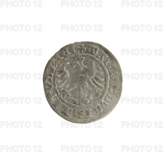 Lithuanian half-grosz, Sigismund I the Old (King of Poland; 1506–1548), 1513. Silver coin (half-grosz). Obverse: Pogon (Lithuanian coat of arms) turned left; in the rim between pearl borders an inscription: + TA:SIGISMVNDI:13:. Reverse: Polish crowned eagle; in the rim between pearl borders an inscription: + MAG, I:DVCIS:LITVANIE:. Grand Duchy of Lithuania, struck at Vilnius.
