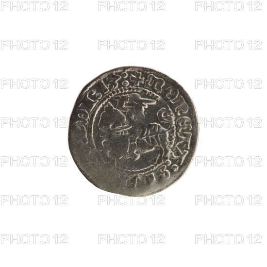 Lithuanian half-grosz, Sigismund I the Old (King of Poland; 1506–1548). Obverse: Pogon (Lithuanian coat of arms) turned left; in the rim between pearly borders an inscription: + MONETA:SIG, DI:13:. Reverse: Polish crowned eagle; in the rim between pearly borders an inscription: + MAGNI:DVCI, ITVANI, :, 1513. Silver coin, Grand Duchy of Lithuania, Vilnius, Poland.