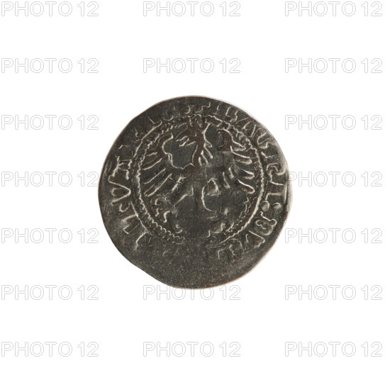 Lithuanian half-grosz, Sigismund I the Old (King of Poland; 1506–1548). Silver coin (half-grosz), 1513. Obverse: Pogon (Lithuanian coat of arms) turned left; in the rim between pearly borders an inscription: + MONETA:SIG, DI:13:. Reverse: Polish crowned eagle; in the rim between pearly borders an inscription: + MAGNI:DVCI, ITVANI, :, 1513. Grand Duchy of Lithuania (Vilnius), Poland.