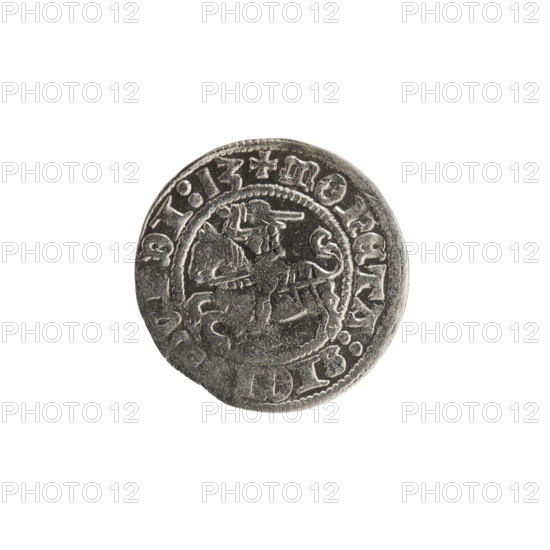 Lithuanian half-grosz, Sigismund I the Old (King of Poland; reign 1506–1548). Coin (1513). Obverse: Pogon (Lithuanian coat of arms) turned left; inscription in rim between pearl borders: + COIN:SIGI, V, DI:13. Reverse: Polish crowned eagle; inscription in rim between pearl borders: + MAG, I:, IS:LITVANIE.:., 1513. Materials: metal; function: coin; associated polity: Grand Duchy of Lithuania / Poland; motifs: coats of arms (Pogon, Polish eagle), Jagiellon dynasty.