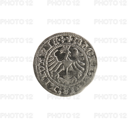 Lithuanian half-grosz, Sigismund I the Old (King of Poland; 1506–1548). Obverse: Pogon (Lithuanian coat of arms) turned left; in the rim between pearl borders an inscription: + COIN:SIGI, V, DI:13. Reverse: Polish crowned eagle; in the rim between pearl borders an inscription: + MAG, I:, IS:LITVANIE.:., 1513. Materials/style: coin; coats of arms; Jagiellon dynasty; dated 1513; Grand Duchy of Lithuania, Vilnius; Poland.