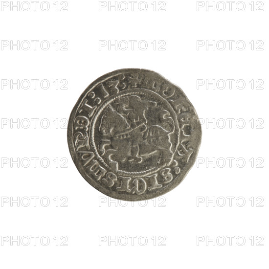 Lithuanian half-grosz, Sigismund I the Old (King of Poland; 1506–1548). Obverse: Pogon (Lithuanian coat of arms) turned left; in the rim between pearl borders an inscription: + ONETA:SIGISMVNDI:13:. Reverse: crowned Polish Eagle; in the rim between pearl borders an inscription: + MAGN:DVCI:LITVANIE, 1513. Grand Duchy of Lithuania (Vilnius). Coin.