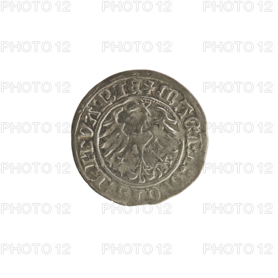 Lithuanian half-grosz, Sigismund I the Old (King of Poland; 1506–1548). Obverse: Pogon (Lithuanian coat of arms) turned left; in the rim between pearl borders an inscription: +ONETA:SIGISMVNDI:13:. Reverse: Polish crowned eagle; in the rim between pearl borders an inscription: +MAGN:DVCI:LITVANIE:1513. Silver coin, Grand Duchy of Lithuania, Vilnius, 1513.