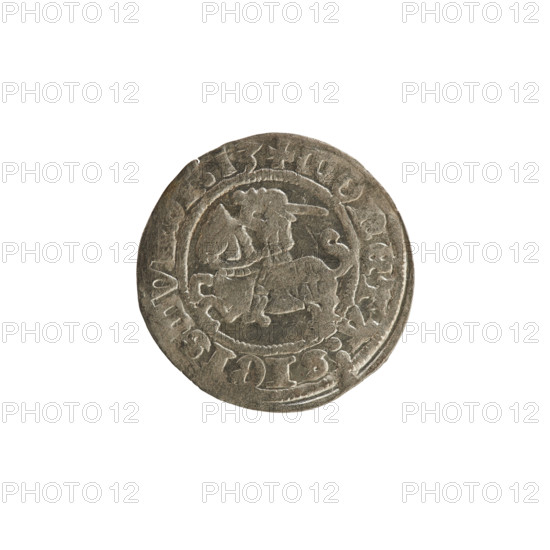 Lithuanian half-grosz, Sigismund I the Old (King of Poland; 1506–1548). Obverse: Pogon (Lithuanian coat of arms) turned left; in the rim between pearl borders an inscription: + COIN:SIGISMV, I:13. Reverse: Polish crowned eagle; in the rim between pearl borders an inscription: + MAGNI, DVCIS, LITVANIE, 1513. Coin of the Grand Duchy of Lithuania (Vilnius, Poland); features Jagiellon dynasty heraldry.