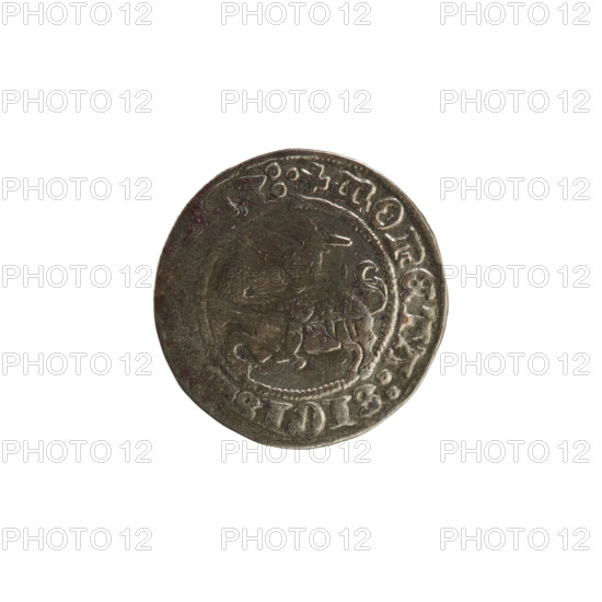 Lithuanian half-grosz, Sigismund I the Old (King of Poland; 1506–1548). Obverse: Pogon (Lithuanian coat of arms) turned left; in the rim between pearl borders an inscription: + COIN:SIGIS, 3:. Reverse: Polish crowned eagle; in the rim between pearl borders an inscription: + MA, IS:, NIE.:., 1513. Silver coin, Grand Duchy of Lithuania (Vilnius), Poland.
