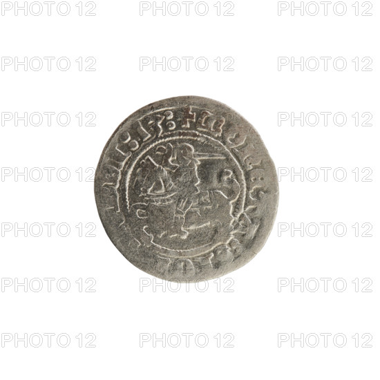 Lithuanian half-grosz, Sigismund I the Old (King of Poland; 1506–1548). Obverse: Pogon (Lithuanian coat of arms) turned left; in the rim between pearl borders an inscription: + COIN:SIG, DI:13. Reverse: Polish crowned eagle; in the rim between pearl borders an inscription: + MAG, :LITVANI, 1513. Silver coin, Grand Duchy of Lithuania (Vilnius, Poland).