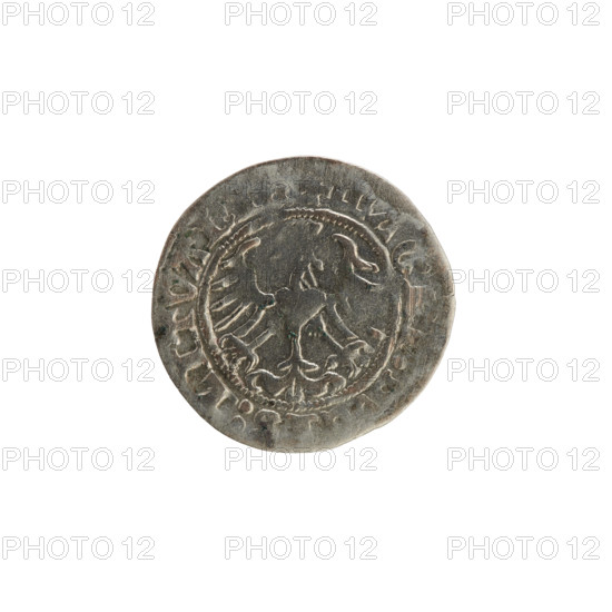 Lithuanian half-grosz, Sigismund I the Old (King of Poland; 1506–1548). Silver coin (half-grosz), 1513. Obverse: Pogon (Lithuanian coat of arms) turned left; in the rim between pearl borders an inscription: + COIN:SIG, DI:13. Reverse: Crowned Polish eagle; in the rim between pearl borders an inscription: + MAG, :LITVANI, 1513. Grand Duchy of Lithuania, Vilnius.