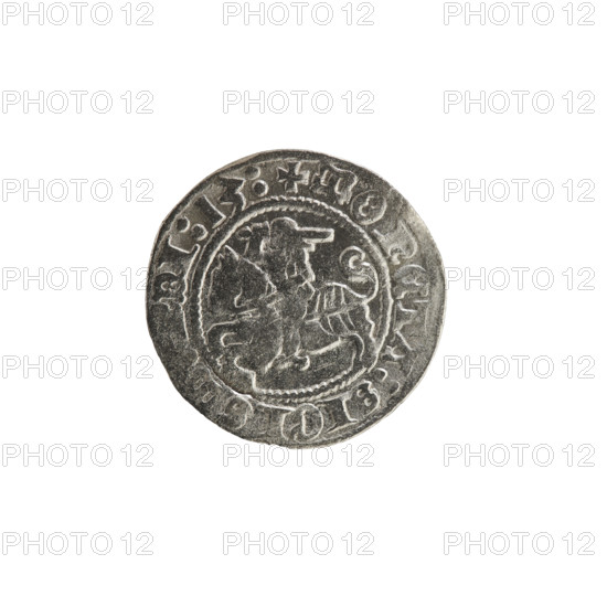 Lithuanian half-grosz, Sigismund I the Old (King of Poland; 1506–1548). Obverse: Pogon (Lithuanian coat of arms) turned left; rim between pearl borders with inscription '+ COIN:SIGIS, DI:13:'. Reverse: Polish crowned eagle; rim between pearl borders with inscription '+ MAGNI:, :LITVANIE, 1513'. Silver coin, Grand Duchy of Lithuania, Vilnius, 1513.