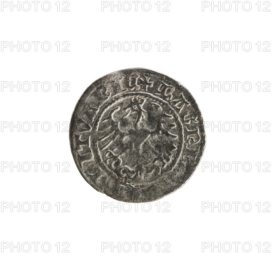 Lithuanian half-grosz, Sigismund I the Old (King of Poland; 1506–1548), 1513. Obverse: Pogon (Lithuanian coat of arms) turned left; in the rim between pearl borders an inscription + COIN:SIGIS, DI:13:. Reverse: Polish crowned Eagle; in the rim between pearly borders an inscription + MAGNI:, :LITVANIE. Silver coin, Grand Duchy of Lithuania, Vilnius.