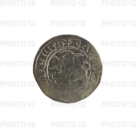 Lithuanian half-grosz, Sigismund I the Old (King of Poland; 1506–1548). Obverse: Pogon (Lithuanian coat of arms) turned left; in the rim between pearl borders an inscription: + MONET, VNDI:1513. Reverse: Polish crowned eagle; in the rim between pearl borders an inscription: :DVCI,:L,IE,1513. Polish coin, Grand Duchy of Lithuania, Vilnius; coats of arms of the Jagiellons.