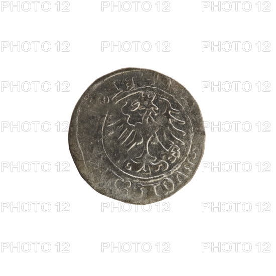 Lithuanian half-grosz, Sigismund I the Old (King of Poland; 1506–1548). Obverse: Pogon (Lithuanian coat of arms) turned left; in the rim between pearl borders an inscription: + MONET, VNDI:1513. Reverse: Polish crowned eagle; in the rim between pearl borders an inscription: DVCI, :L, IE, 1513. Coats of arms present: Eagle (Poland) and Pogon (Lithuania). Grand Duchy of Lithuania, Vilnius; Polish–Lithuanian coin, 1513.
