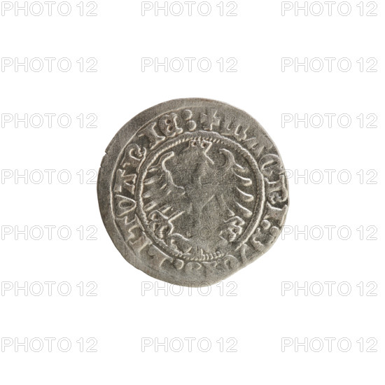 Lithuanian half-grosz, Sigismund I the Old (King of Poland; 1506–1548). Obverse: Pogon (mounted knight) turned left; in the rim between pearl borders an inscription: + MONETA, SIGISMVNDI:13:. Reverse: crowned Polish Eagle; in the rim between pearl borders an inscription: + MAGNI:D, LITVANIE:, 1513. Coin of the Grand Duchy of Lithuania (Vilnius).
