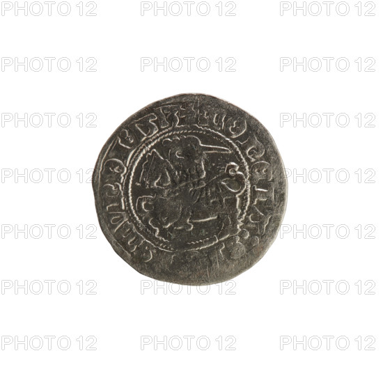 Lithuanian half-grosz, Sigismund I the Old (King of Poland; 1506–1548). Obverse: Pogon (Lithuanian coat of arms) turned left; in the rim between pearly borders an inscription: + COIN:S, SMVNDI:1513. Reverse: Polish crowned Eagle; in the rim between pearly borders an inscription: AGNI:DVCIS:LITVANI, 1513. Coin of the Grand Duchy of Lithuania (Vilnius, Poland).