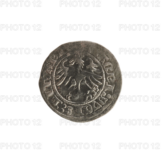 Lithuanian half-grosz, Sigismund I the Old (King of Poland; 1506–1548). Obverse: Pogon (Lithuanian coat of arms) turned left; in the rim between pearly borders an inscription: + COIN:S, SMVNDI: 1513. Reverse: Polish crowned eagle; in the rim between pearly borders an inscription: AGNI: DVCIS: LITVANI, 1513. Materials: coin; date: 1513.