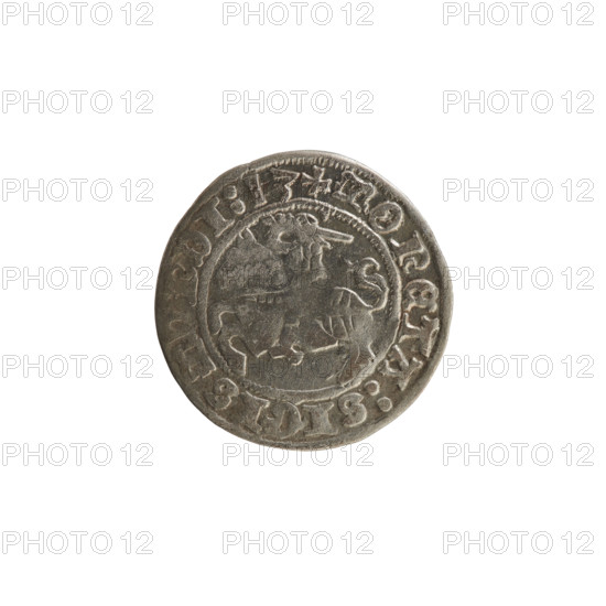 Lithuanian half-grosz, Sigismund I the Old (King of Poland; 1506–1548). Obverse: Pogon (Lithuanian coat of arms) turned left; in the rim between pearl borders an inscription: + COIN:SIGISMVNDI:13. Reverse: Polish crowned eagle; in the rim between pearl borders an inscription: + MAGNI:DVCIS:LITVANIE.:. Dated 1513. Grand Duchy of Lithuania (Vilnius). Polish coin.