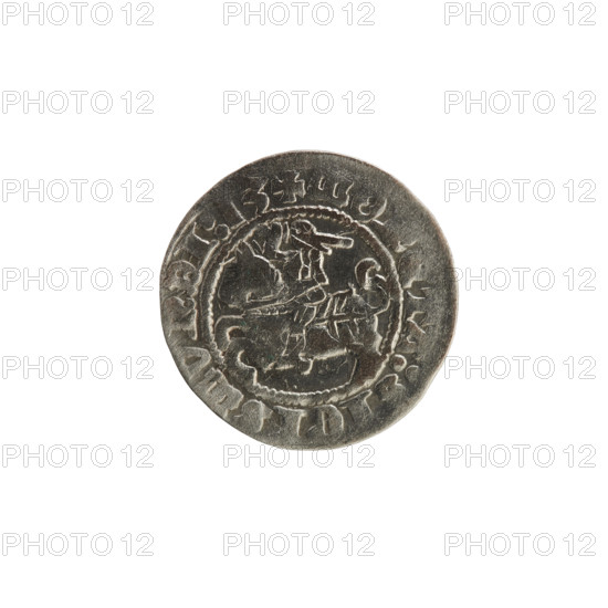 Lithuanian half-grosz, Sigismund I the Old (King of Poland; 1506–1548). Obverse: Pogon (Lithuanian coat of arms) turned left; in rim between pearl borders an inscription: + MO, TA:SIGISMVNDI:13. Reverse: Polish crowned eagle; in rim between pearl borders an inscription: + MAGNI:DVCI,:,IE,1513. Coats of arms; Polish coin of the Grand Duchy of Lithuania, Vilnius, 1513.