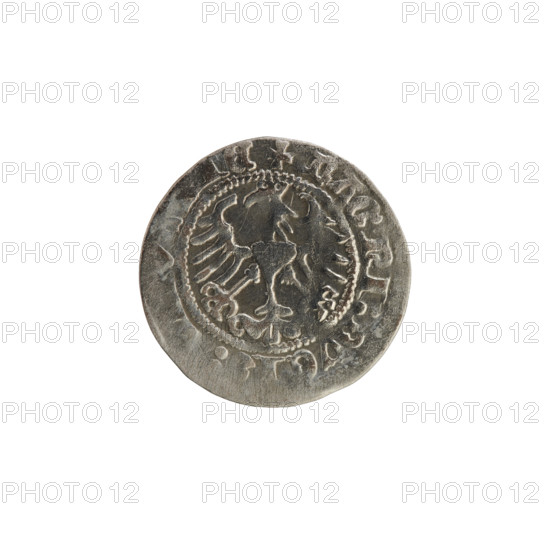Lithuanian half-grosz, Sigismund I the Old (King of Poland; 1506–1548). Obverse: Pogon (Lithuanian coat of arms) turned left; in the rim between pearl borders an inscription: + MO, TA:SIGISMVNDI:13. Reverse: Polish crowned eagle; in the rim between pearl borders an inscription: + MAGNI:DVCI,:,IE,1513. Coin of the Grand Duchy of Lithuania, Vilnius, Poland; 1513.