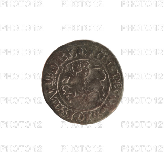 Lithuanian half-grosz, Sigismund I the Old (King of Poland, 1506–1548); 1513. Silver coin (half-grosz). Obverse: Pogon (Lithuanian coat of arms) turned left; rim inscription between pearl borders: MONETARY, SIGISMVNDI:13. Reverse: Polish crowned Eagle; rim inscription between pearly borders: + AGNI:DVC :LITVANI, 1513. Coats of arms of the Jagiellon dynasty; Grand Duchy of Lithuania, Vilnius; Poland.