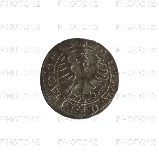 Lithuanian half-grosz, Sigismund I the Old (King of Poland; reign 1506–1548). Silver coin (half-grosz), dated 1513. Obverse: Pogon (Lithuanian knight) turned left; in the rim between pearl borders an inscription: MONETARY, SIGISMVNDI. Reverse: Polish crowned Eagle; in the rim between pearl borders an inscription: + AGNI:DVC: LITVANI. Grand Duchy of Lithuania — Vilnius; Polish–Lithuanian iconography; coats of arms (Eagle, Pogon); Jagiellon dynasty.
