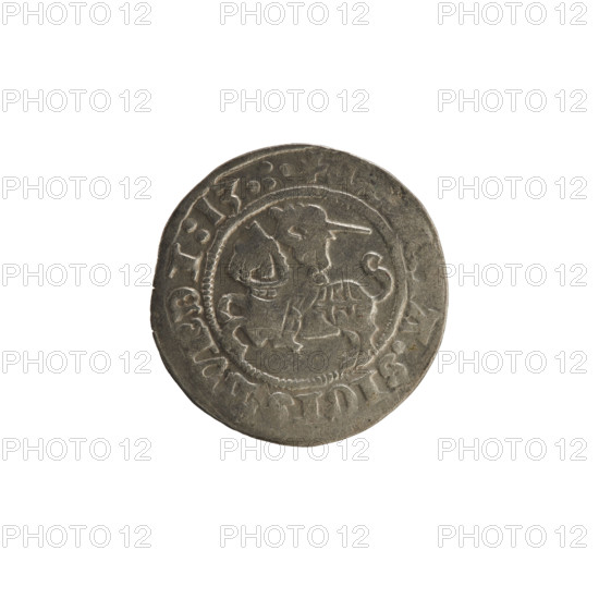 Lithuanian half-grosz, Sigismund I the Old (King of Poland; 1506–1548). Obverse: Pogon (mounted knight) turned left; in the rim between pearl borders an inscription: + M, E, A:SIGISMVNDI:13.:. Reverse: Polish crowned eagle; in the rim between pearl borders an inscription: + MAGNI:DVCIS:, IE, 1513. Silver coin, Grand Duchy of Lithuania (Vilnius), Poland.