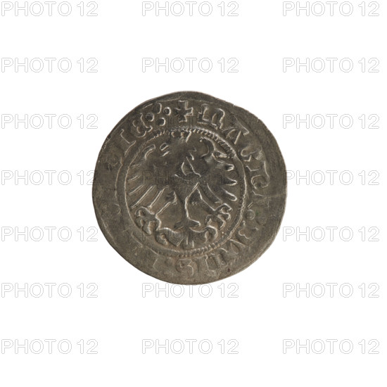 Lithuanian half-grosz, Sigismund I the Old (King of Poland; 1506–1548). Obverse: Pogon (Lithuanian coat of arms) facing left; rim inscription between beaded borders: + M, E, A:SIGISMVNDI:13:. Reverse: crowned Polish Eagle; rim inscription between beaded borders: + MAGNI:DVCIS:, IE, 1513. Silver coin, Grand Duchy of Lithuania (Vilnius), Poland.
