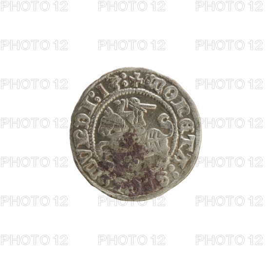 Lithuanian half-grosz, Sigismund I the Old (King of Poland; 1506–1548), 1513. Obverse: Pogon (Lithuanian coat of arms) turned left; in the rim between pearl borders an inscription: + COIN:S, MVNDI:13:. Reverse: Polish crowned Eagle; in the rim between pearl borders an inscription: + MAGNI:DVCIS:, VANIE.:. Materials: coin; region: Grand Duchy of Lithuania (Vilnius), Poland. Subjects: Polish coins, eagles, Jagiellon dynasty, coats of arms.