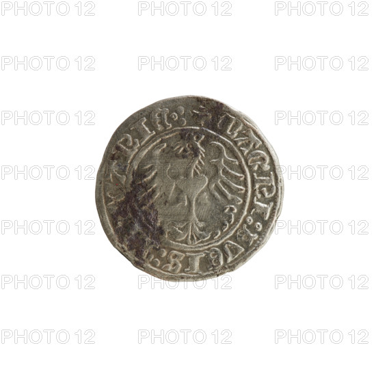 Lithuanian half-grosz, Sigismund I the Old (King of Poland; 1506–1548). Obverse: Pogon (Lithuanian coat of arms) turned left; in the rim between pearl borders an inscription: + COIN:S, MVNDI:13:. Reverse: Polish crowned eagle; in the rim between pearl borders an inscription: + MAGNI:DVCIS:, VANIE.:., dated 1513. Grand Duchy of Lithuania (Vilnius). Materials and function: coin.