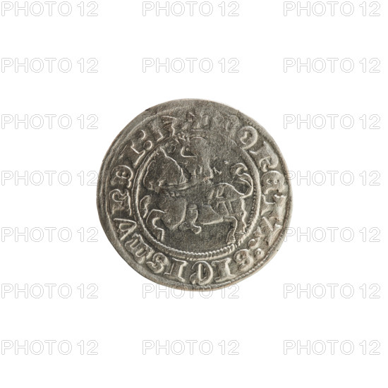 Lithuanian half-grosz, Sigismund I the Old (King of Poland; 1506–1548), 1513. Obverse: Pogon (Lithuanian coat of arms) facing left; rim inscription between pearly borders: + MONETA:SIGISMVNDI:13. Reverse: Polish crowned eagle; rim inscription between pearly borders: + MAGNI:DVCI, LITVANIE. Silver coin (Grand Duchy of Lithuania, Vilnius).
