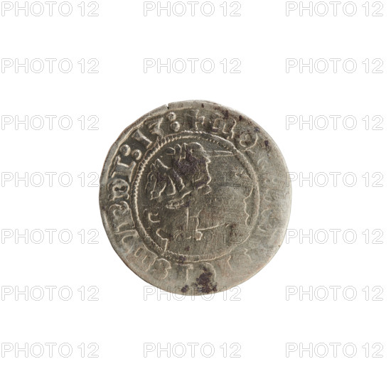 Lithuanian half-grosz, Sigismund I the Old (King of Poland; 1506–1548). Obverse: Pogon (Lithuanian coat of arms) turned left; in the rim between pearl borders an inscription: + MO, ISMVNDI:13:. Reverse: Polish crowned eagle; in the rim between pearl borders an inscription: IS:LITVANIE, 1513. Materials/type: coin (Grand Duchy of Lithuania, Vilnius).