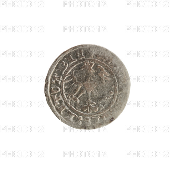 Lithuanian half-grosz, Sigismund I the Old (King of Poland; r. 1506–1548). Silver coin (1513). Obverse: Pogon (Lithuanian mounted knight) turned left; rim between pearl borders with inscription + MO, ISMVNDI:13:. Reverse: crowned Polish eagle; rim between pearl borders with inscription IS:LITVANIE. Coats of arms: Eagle and Pogon. Grand Duchy of Lithuania, Vilnius.
