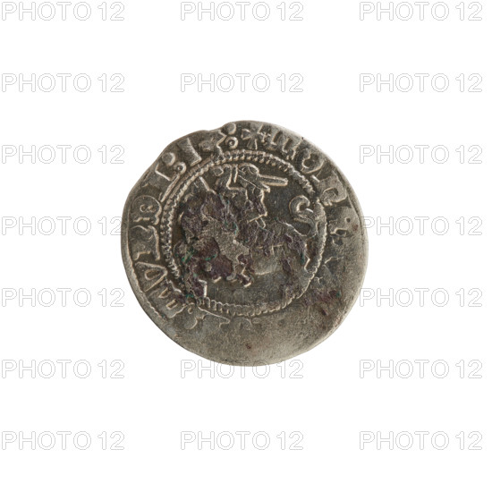 Lithuanian half-grosz, Sigismund I the Old (King of Poland; 1506–1548). Obverse: Pogon (Lithuanian coat of arms) turned left; in the rim between pearl borders an inscription: + COIN, MVNDI:13:. Reverse: Polish crowned eagle; in the rim between pearl borders an inscription: + MAGNI, LITVANIE, 1513. Silver coin (half-grosz), Grand Duchy of Lithuania, Vilnius, 1513.