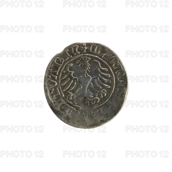 Lithuanian half-grosz, Sigismund I the Old (King of Poland; 1506–1548), 1513. Obverse: Pogon (Lithuanian mounted knight) turned left; in the rim between pearl borders an inscription: + COIN, MVNDI:13:. Reverse: Polish crowned eagle; in the rim between pearl borders an inscription: + MAGNI, LITVANIE. Silver coin, Grand Duchy of Lithuania (Vilnius, Poland).
