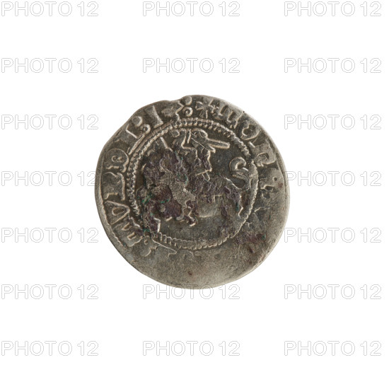 Lithuanian half-grosz, Sigismund I the Old (King of Poland; 1506–1548), Jagiellon dynasty. Coin (1513). Obverse: Pursuer turned left; in the rim between pearl borders an inscription: + MO, TA:SIGI, MV, DI:13. Reverse: Polish eagle with a crown; in the rim between pearl borders an inscription: +, AGNI:D, CIS, LITVA, IE, 1513. Grand Duchy of Lithuania, Vilnius.