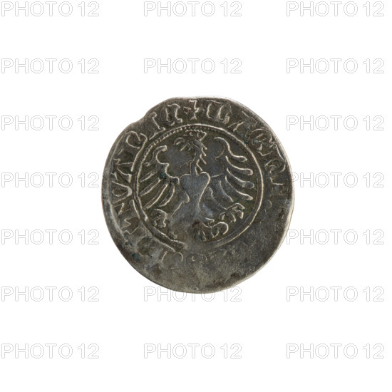 Lithuanian half-grosz, Sigismund I the Old (King of Poland; 1506–1548), Jagiellon dynasty. Silver coin (1513). Obverse: Pursuer (coat of arms of Lithuania) turned left; in the rim between pearl borders an inscription: + MO, TA:SIGI, MV, DI:13. Reverse: Polish crowned eagle; in the rim between pearl borders an inscription: +, AGNI:D, CIS, LITVA, IE, 1513.