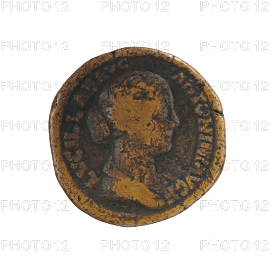 Sestertius of Lucius Verus (130–169; Roman emperor 161–169), issued for Lucilla (149–182; Roman empress 164–169). Draped bust of Lucilla to the right, inscription LVCILLAE AVG - ANTONINI AVG around. Reverse: Concordia seated left, holding a patera in her right hand and a cornucopia in her left, inscription around. Date: 164–169, Roman Empire. Coin (Rome): diameter 32.0–32.5 mm, weight 23.75 g, axis 180 degrees.