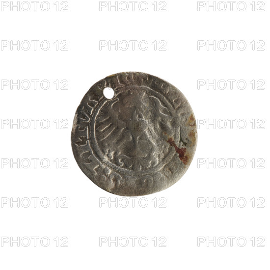 Lithuanian half-grosz, Sigismund I the Old (King of Poland; reign 1506–1548). Silver coin (half-grosz), 1513. Obverse: Pogon (Lithuanian coat of arms) turned left; rim with pearl borders and inscription '+ MO, I:13:'. Reverse: Polish crowned eagle; rim with pearl borders and inscription 'MAG, :LITVA, IE, 1513'. Coats of arms of Poland and Lithuania; relates to the Jagiellon dynasty; Grand Duchy of Lithuania, Vilnius.