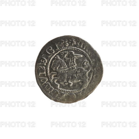 Lithuanian half-grosz, Sigismund I the Old (King of Poland; 1506–1548), 1513. Silver coin (half-grosz). Obverse: Pogon (Lithuanian coat of arms) turned left; in the rim between pearly borders an inscription '+ M, ISMVNDI : 13 :'. Reverse: Polish crowned eagle; in the rim between pearly borders an inscription 'DVCIS : LITVA'. Grand Duchy of Lithuania, Vilnius.