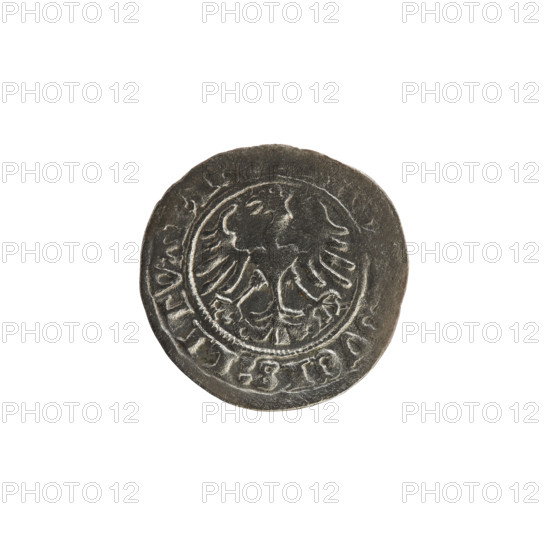 Lithuanian half-grosz, Sigismund I the Old (King of Poland; 1506–1548). Obverse: Pogon (Lithuanian coat of arms) turned left; in the rim between pearly borders an inscription: + M, ISMVNDI:13:. Reverse: crowned Polish Eagle; in the rim between pearly borders an inscription: DVCIS:LITVA, I, 1513. Silver coin, Grand Duchy of Lithuania (Vilnius), 1513.