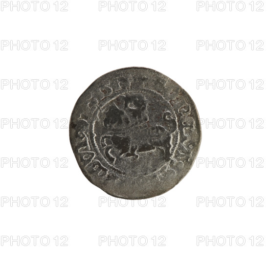 Lithuanian half-grosz (1514), Sigismund I the Old (King of Poland, 1506–1548). Silver coin (Grand Duchy of Lithuania, Vilnius). Obverse: Pogon (Lithuanian coat of arms) turned left; rim between pearl borders with inscription. Reverse: Polish crowned eagle; rim between pearl borders with inscription: MAGNI:DV, ANIE, 1514. Features Jagiellon dynasty heraldry and coats of arms.