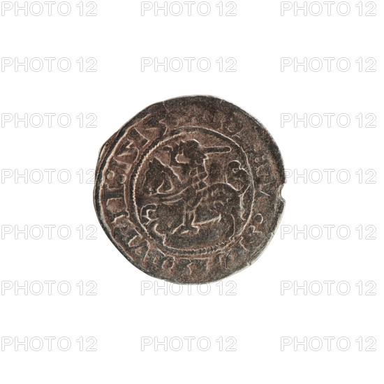 Lithuanian half-grosz, Sigismund I the Old (King of Poland; 1506–1548). Obverse: Pogon (Lithuanian coat of arms) turned left; in the rim between pearly borders an inscription: :SIGISMVNDI:151. Reverse: crowned Polish Eagle; in the rim between pearly borders an inscription: + MAGNI, VANIE:, 1515. Polish coin of the Jagiellon dynasty; coat of arms motifs; Grand Duchy of Lithuania, Vilnius.