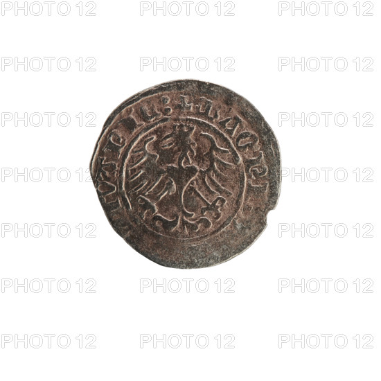 Lithuanian half-grosz, Sigismund I the Old (King of Poland; 1506–1548). Obverse: Pogon (Lithuanian coat of arms) turned left; in the rim between pearly borders an inscription: :SIGISMVNDI:151. Reverse: Polish crowned eagle; in the rim between pearly borders an inscription: + MAGNI, VANIE:, 1515. Jagiellon dynasty; coats of arms; Polish–Lithuanian coin (Grand Duchy of Lithuania, Vilnius, Poland).